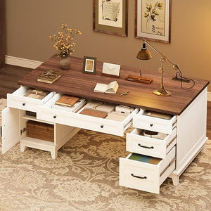 60-Inch Farmhouse Executive Desk with File Drawers & Charging Station