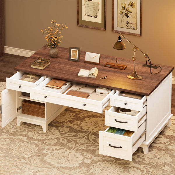 60-Inch Executive Desk with File Drawers & Charging Station