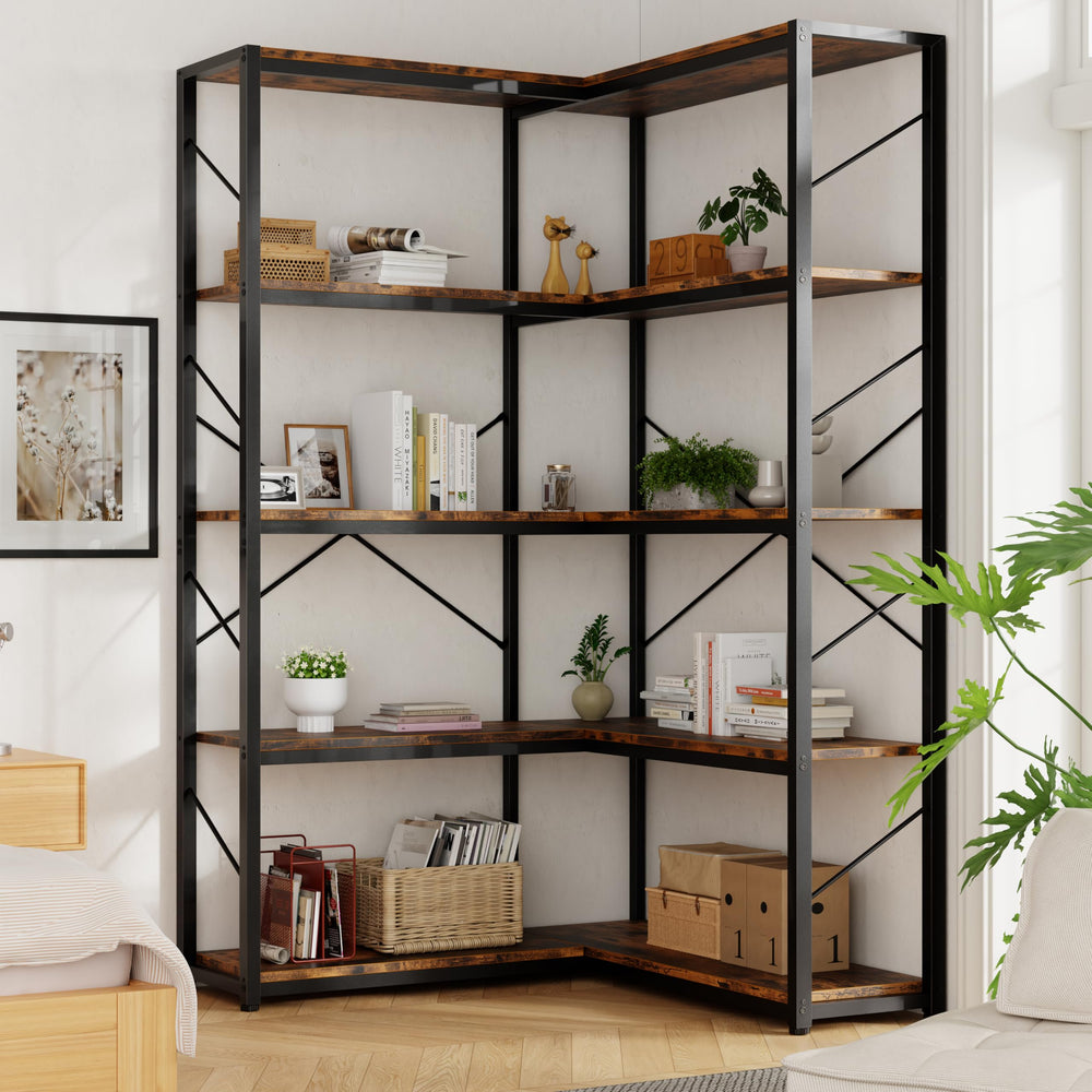 5-Tier L-Shaped Corner Bookshelf with Metal Frame