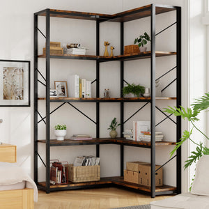 5-Tier L-Shaped Corner Bookshelf with Metal Frame