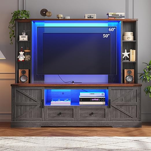 Farmhouse TV Stand with LED Lights & Power Outlets