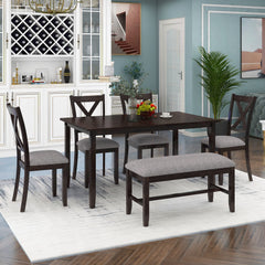 6-Piece Farmhouse Dining Table Set with Bench and Cushioned Chairs