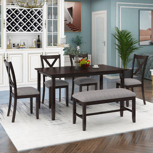 6-Piece Farmhouse Dining Table Set with Bench and Cushioned Chairs