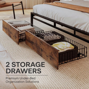 King Bed Frame with Storage Headboard, 2 Drawers & Charging Station