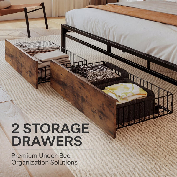 King Bed Frame with Storage Headboard, 2 Drawers & Charging Station