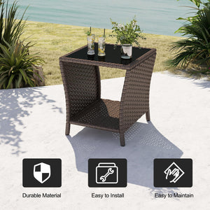 Outdoor Wicker Side Table Set of 2 with Tempered Glass Top & Storage Shelf