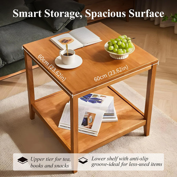 Solid Wood Square End Table with 2-Tier Storage Shelf