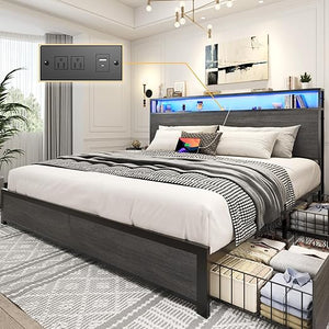 Metal Platform Bed Frame with Storage Headboard, Drawers & LED
