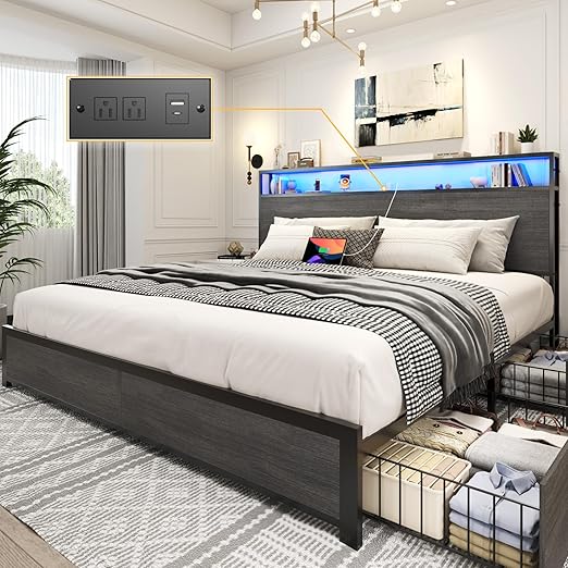 Metal Platform Bed Frame with Storage Headboard, Drawers & LED