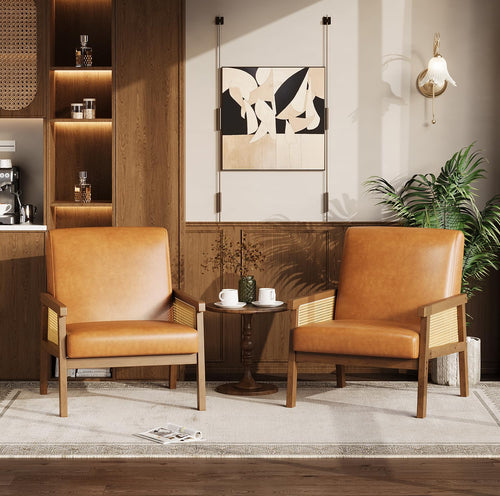 Rattan Arm Accent Chair, High Back PU Leather, Wooden Frame