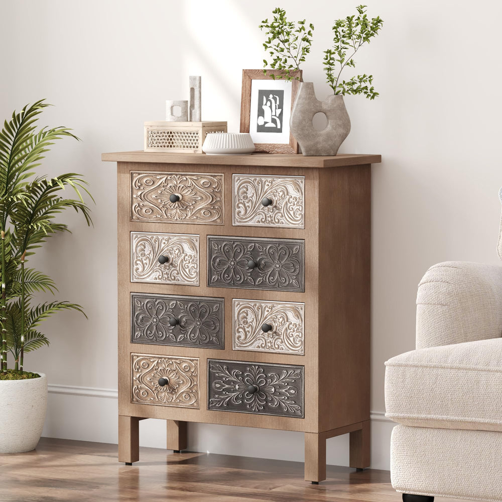 Wood Storage Cabinet with Drawers – Vintage Carved Accent Cabinet