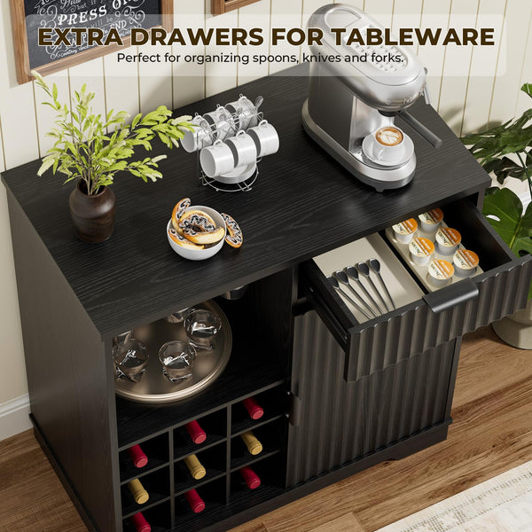 Fluted Coffee Bar Cabinet with Glass Holder & Wine Rack – Black