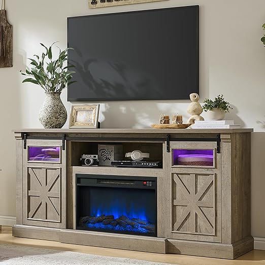 70" Fireplace TV Stand with LED Lights & Sliding Barn Door