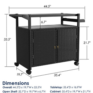Outdoor Wicker Bar Cart with Cabinet & Tempered Glass Top