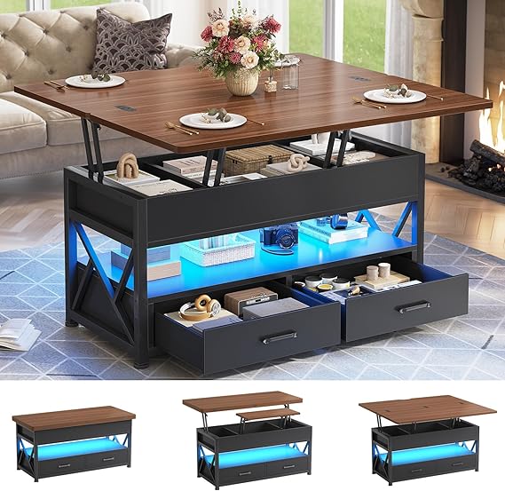 Lift Top Coffee Table with Storage, Drawers & LED Light