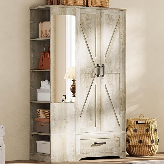 70" Wardrobe with Mirror, 2 Doors, Drawer & Side Shelves