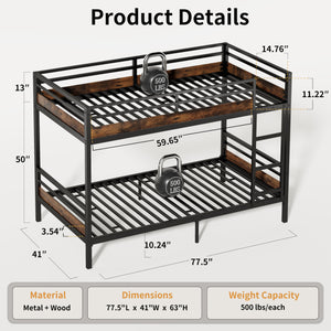 Twin Over Twin Metal Bunk Bed with Guard Rails