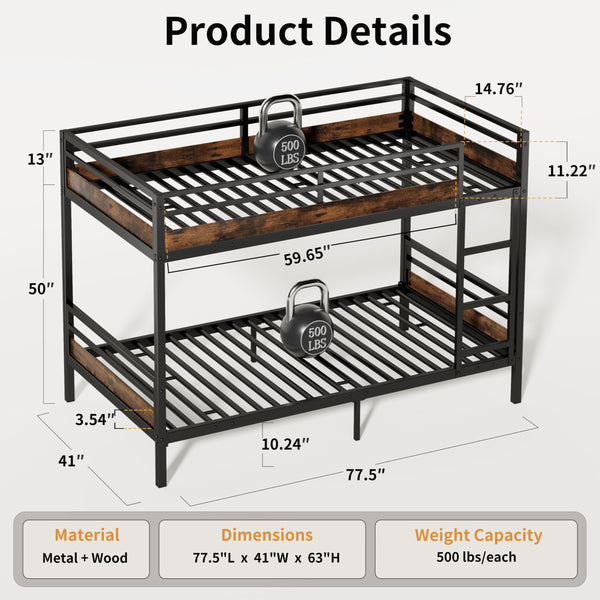 Twin Over Twin Metal Bunk Bed with Guard Rails