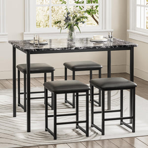 5-Piece Dining Table Set with Faux Marble Top & 4 PU Stools