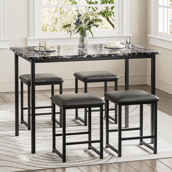 5-Piece Dining Table Set with Faux Marble Top & 4 PU Stools