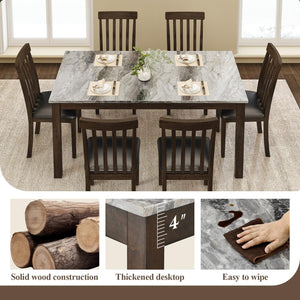 7-Piece Farmhouse Dining Table Set with Faux Marble Top & Cushioned Chairs