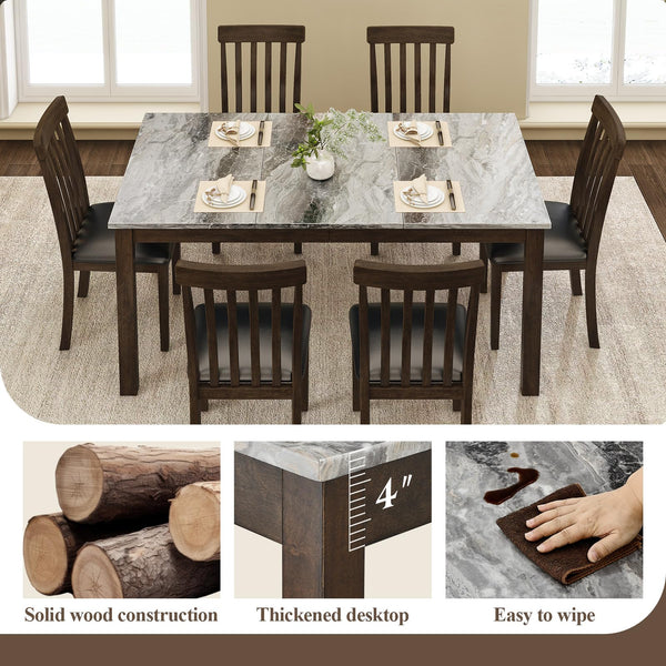 7-Piece Farmhouse Dining Table Set with Faux Marble Top & Cushioned Chairs