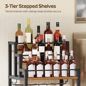 YATINEY Bar Cart, 3 Tier Home Bar Serving Cart with Wine Rack, Small Bar Cart with Wheels, Modern Rolling Beverage Cart, for Home Kitchen Small Spaces, Rustic Brown BC08BR