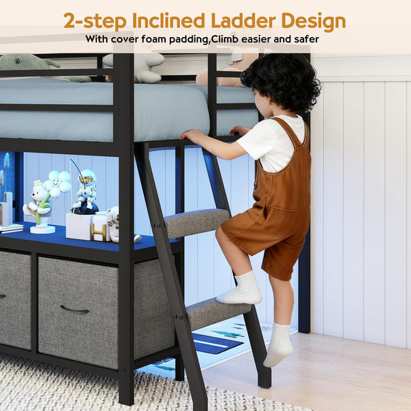 Twin Low Loft Bed with Storage Drawers, Bookcase & LED Lights