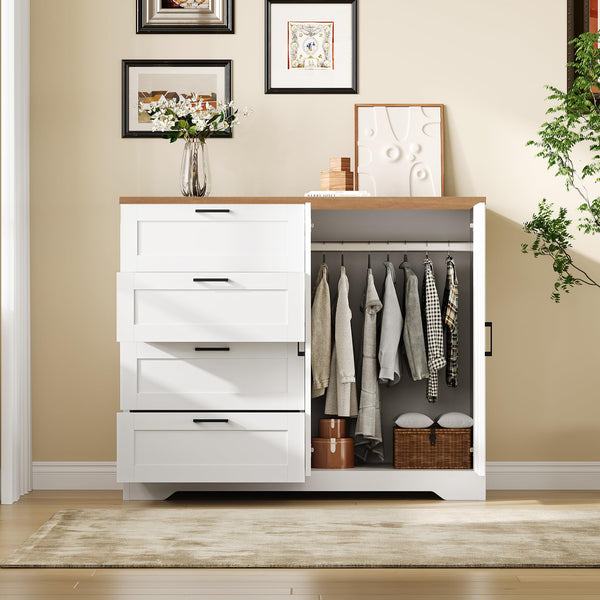 2-Door Wardrobe Armoire with 4 Drawers & Hanging Rod