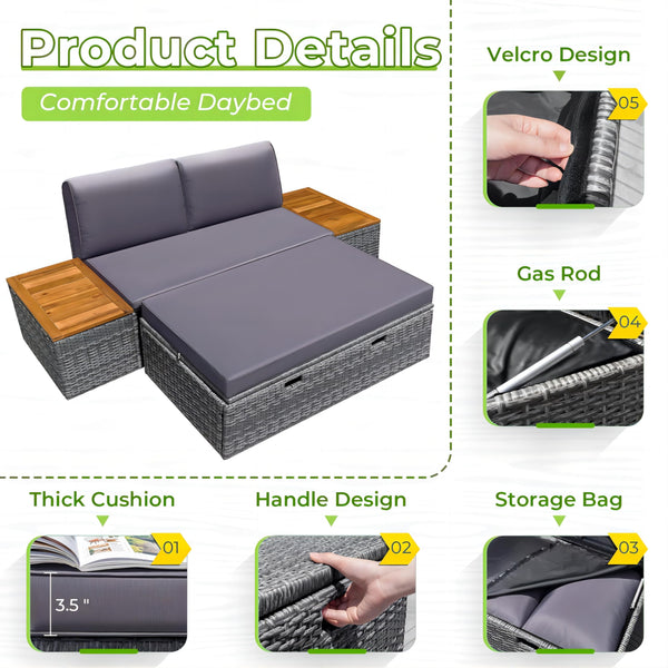 4-Piece Outdoor Wicker Daybed Set with Storage