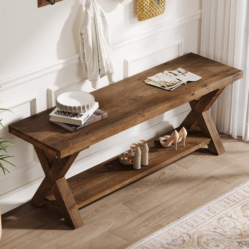 43.3" Solid Wood Entryway Bench with Storage Shelf