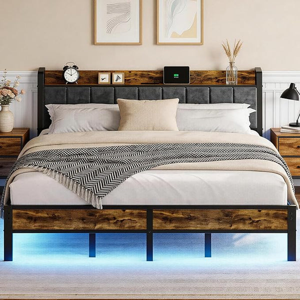 Queen Platform Bed Frame with LED Lights & USB Charging