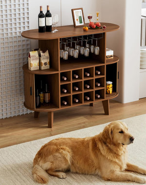 Wine Bar Cabinet with Sliding Tambour Door, Glass Shelves & 12 Wine Racks