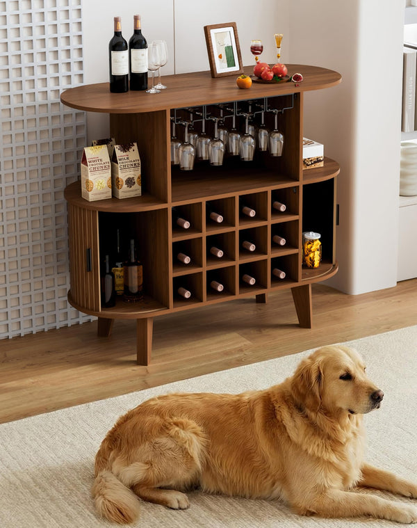 Wine Bar Cabinet with Sliding Tambour Door, Glass Shelves & 12 Wine Racks
