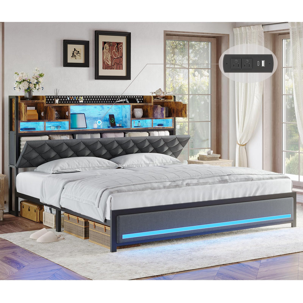 King Size Bed Frame with LED Lights & Storage Headboard