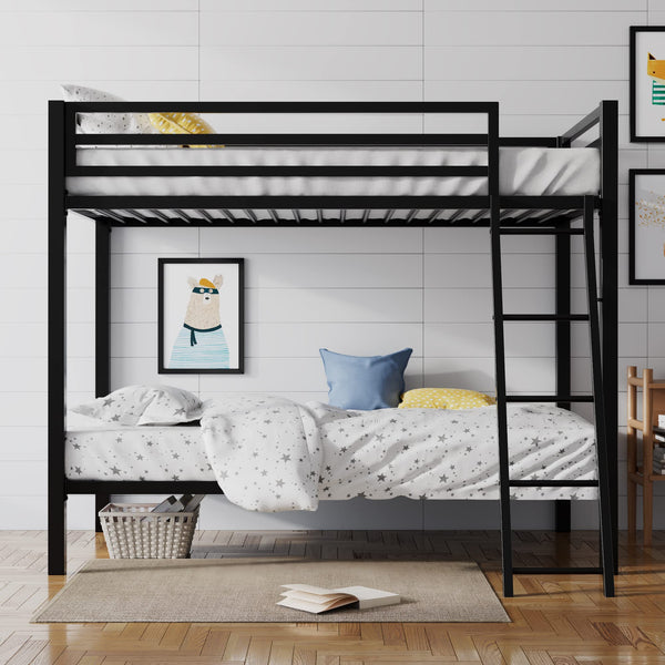 Twin Over Twin Metal Bunk Bed with Ladder & Guardrail