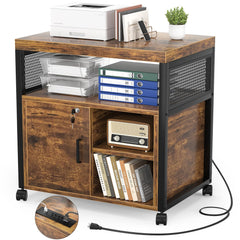 Rolling File Cabinet with Power Outlets, Locking Door & Open Shelves