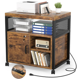 Rolling File Cabinet with Power Outlets, Locking Door & Open Shelves
