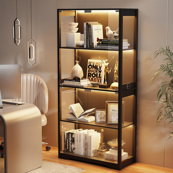 4-Tier Glass Display Cabinet with LED Lights & Motion Sensor