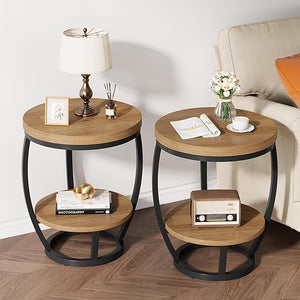 2-Tier Round Industrial End Table with Metal Frame