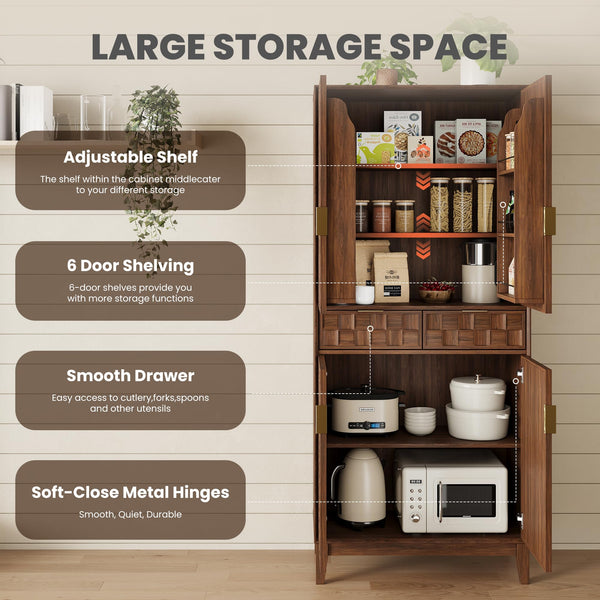 71" Tall Pantry Cabinet with Doors, Drawers & Adjustable Shelves