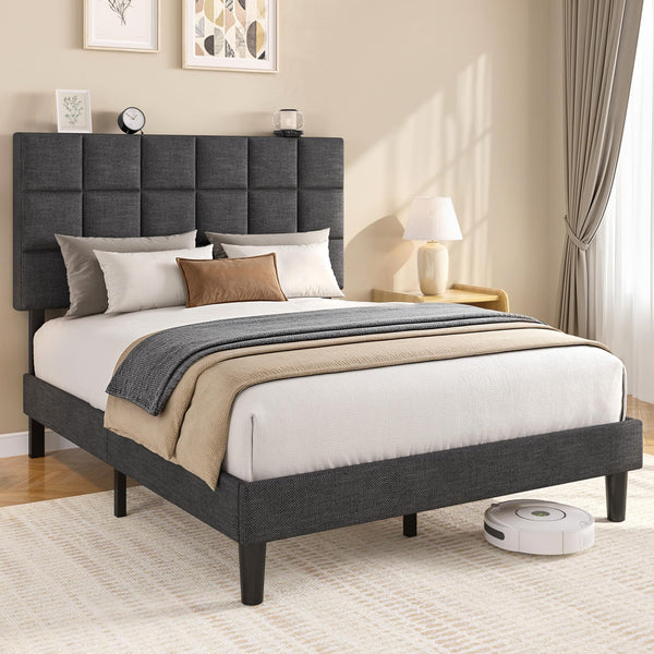Platform Bed Frame with Adjustable Upholstered Headboard