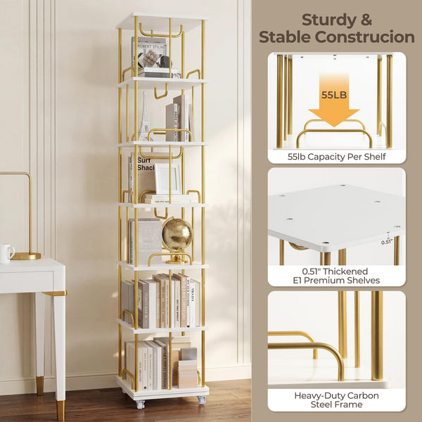 6-Tier Rotating Bookshelf with Wheels
