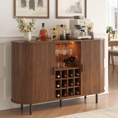 55-Inch Fluted Wine Bar Cabinet with LED Lighting & Charging Station