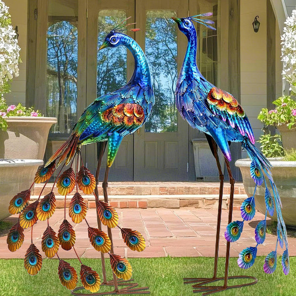 Metal Peacock Garden Statues – Set of 2