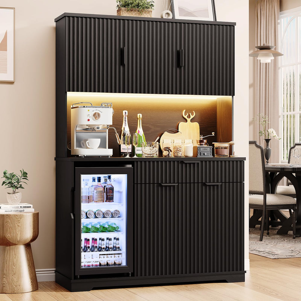 Fluted Kitchen Pantry with Wine Fridge & LED Bar Cabinet