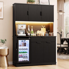 Fluted Kitchen Pantry with Wine Fridge & LED Bar Cabinet