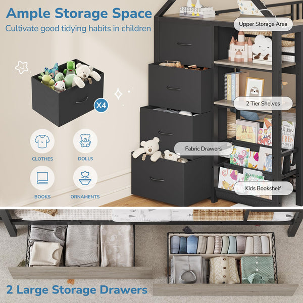 Twin Over Twin Low Bunk Bed with Storage Drawers & House Design