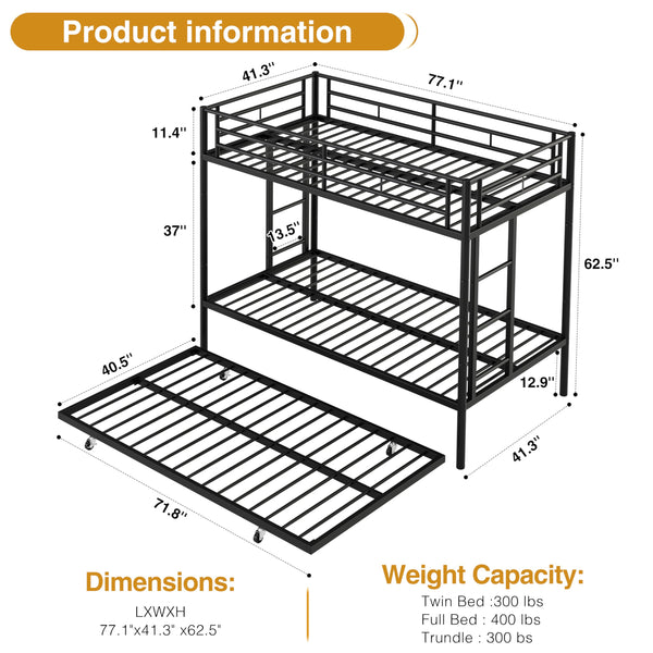 Metal Twin Over Twin Bunk Bed with Trundle