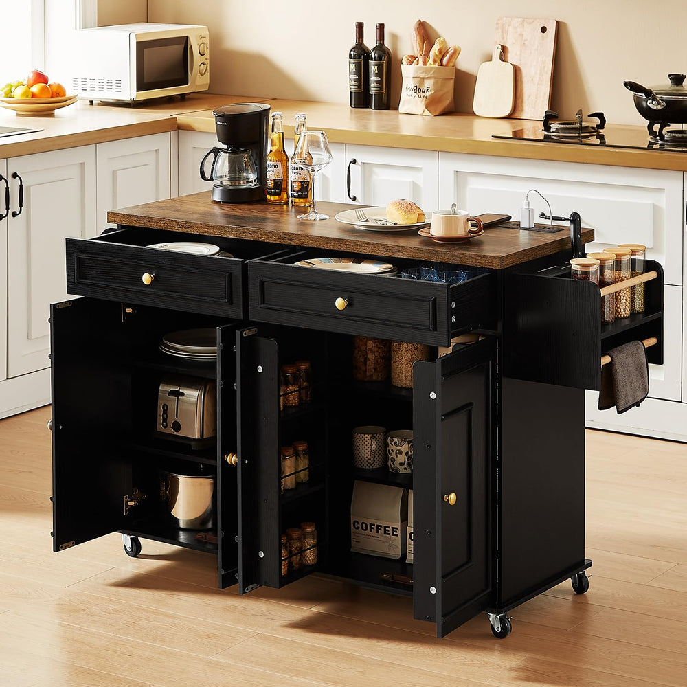 58" Mobile Kitchen Island Cart with Power Outlet, Storage Cabinets & Spice Rack